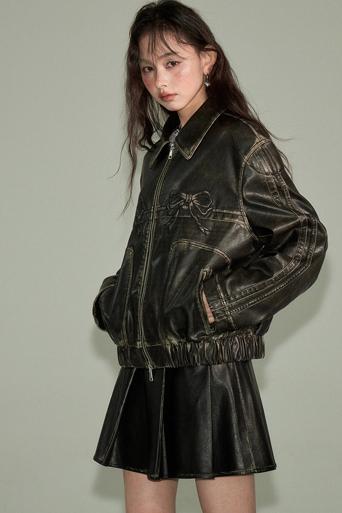 Distressed Bow Leather Jacket