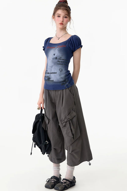 Dark Blue Puff Sleeve T-Shirt