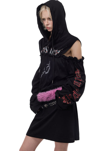 Off-Shoulder Printed Hooded Dress