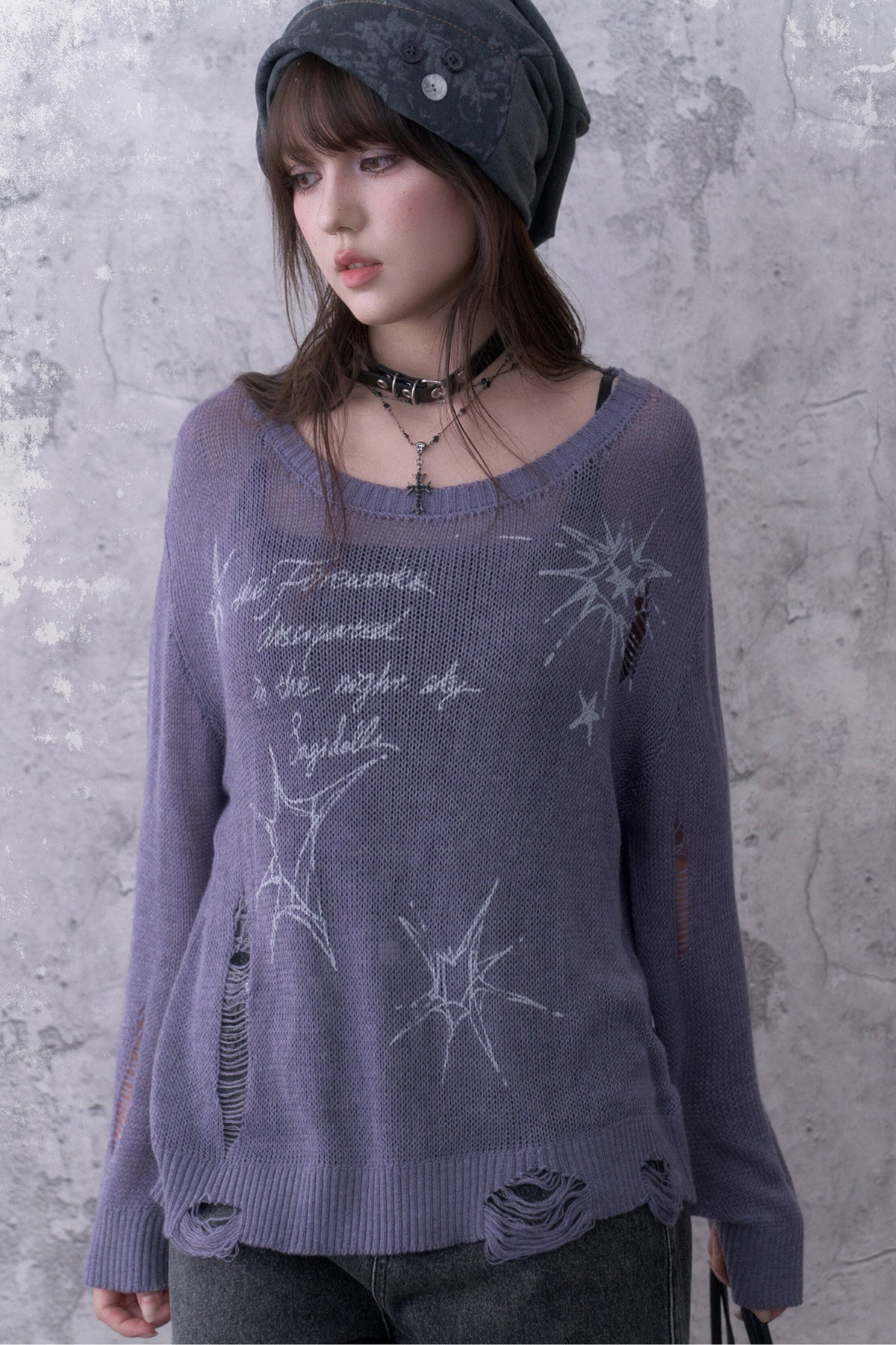 Purple Ripped Knit Mesh Print Sweater