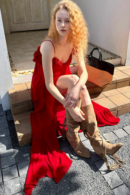 Hand-Stitched Rose Red Slip Dress