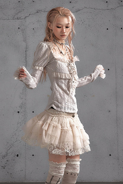 Lace Patchwork Pleated Multi-Layered Puffy Skirt