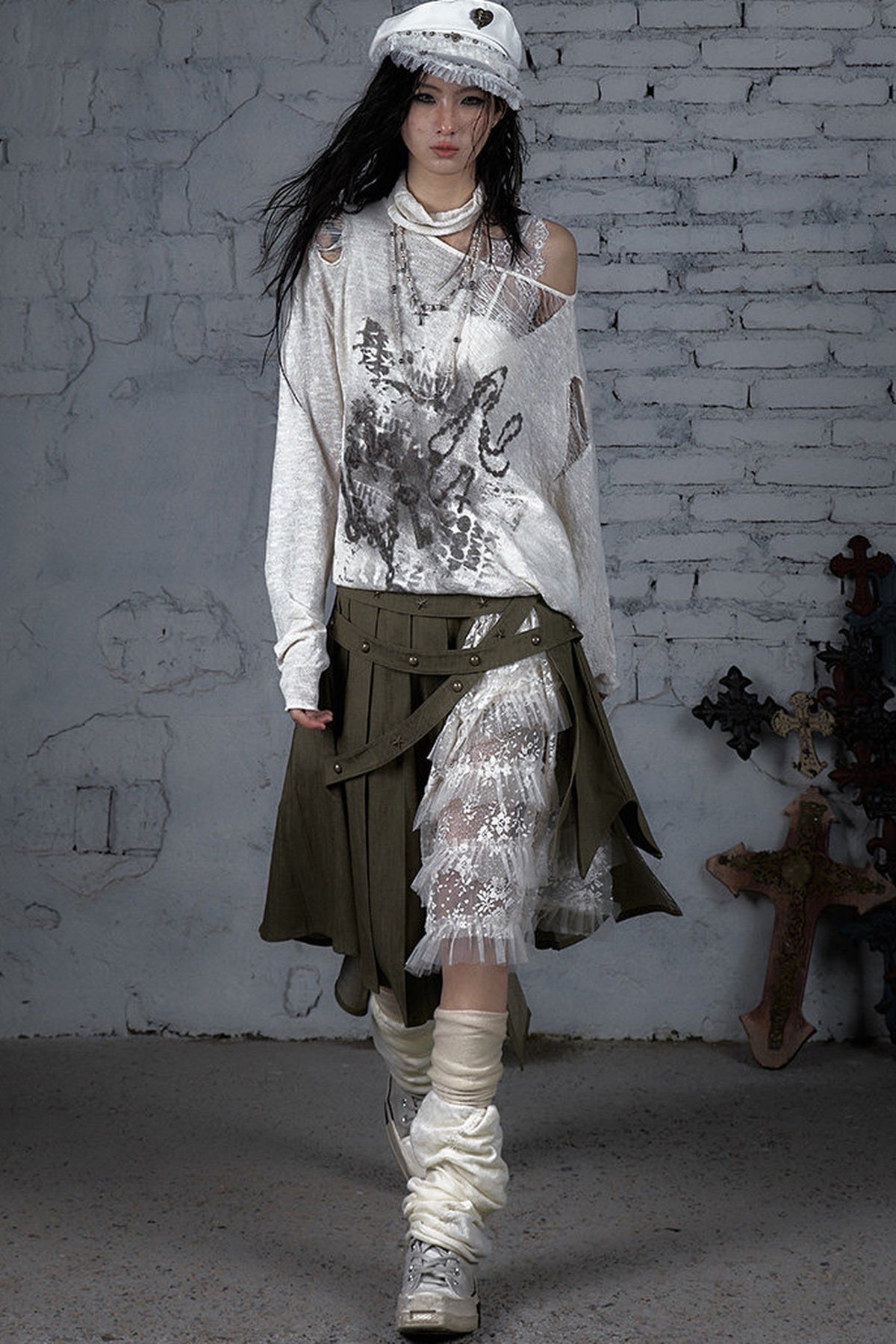 Ripped Off-Shoulder Punk Print Knit Top