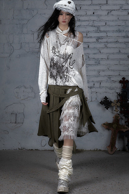 Ripped Off-Shoulder Punk Print Knit Top