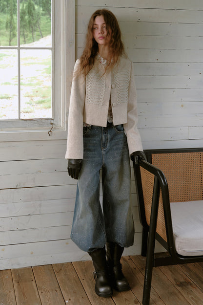 Gold-Stamped Starry Wide-Leg Jeans