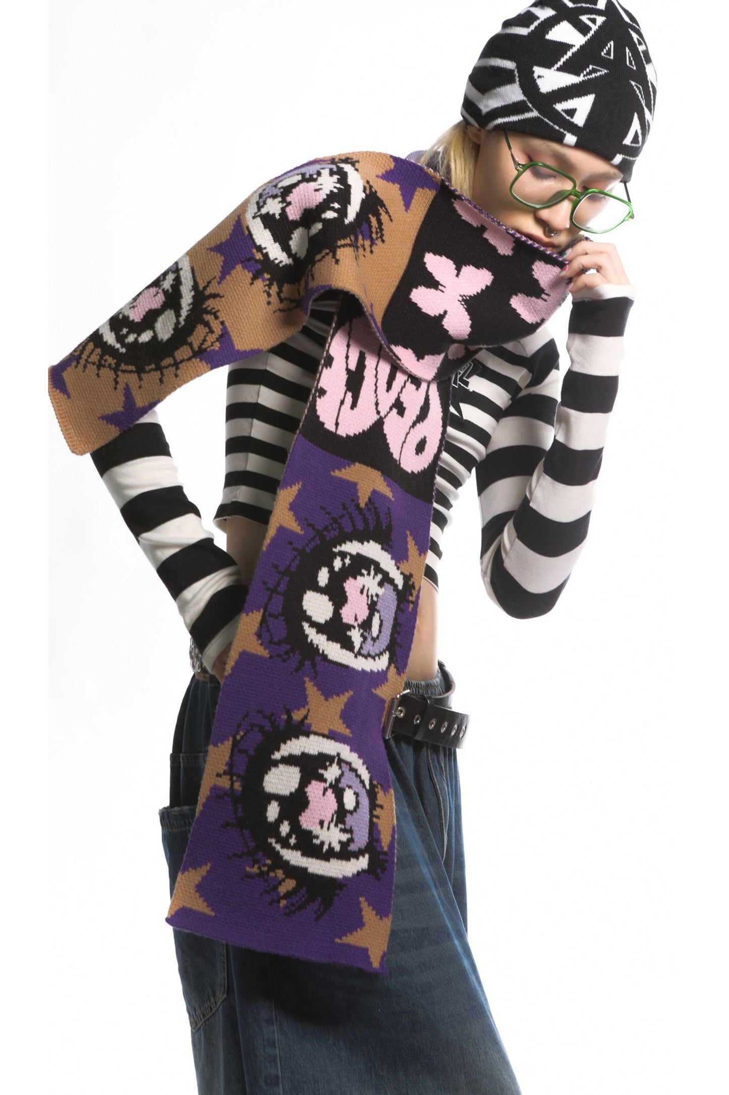 Comic Eye Knitted Long Scarf Set-Up
