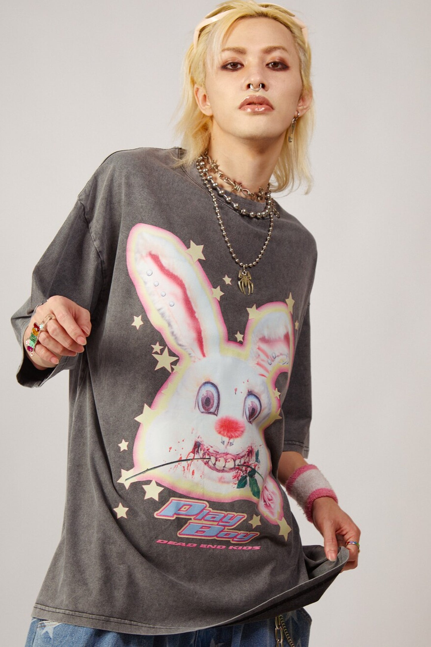 Loose Fit Punk Rock Rabbit Print T-Shirt