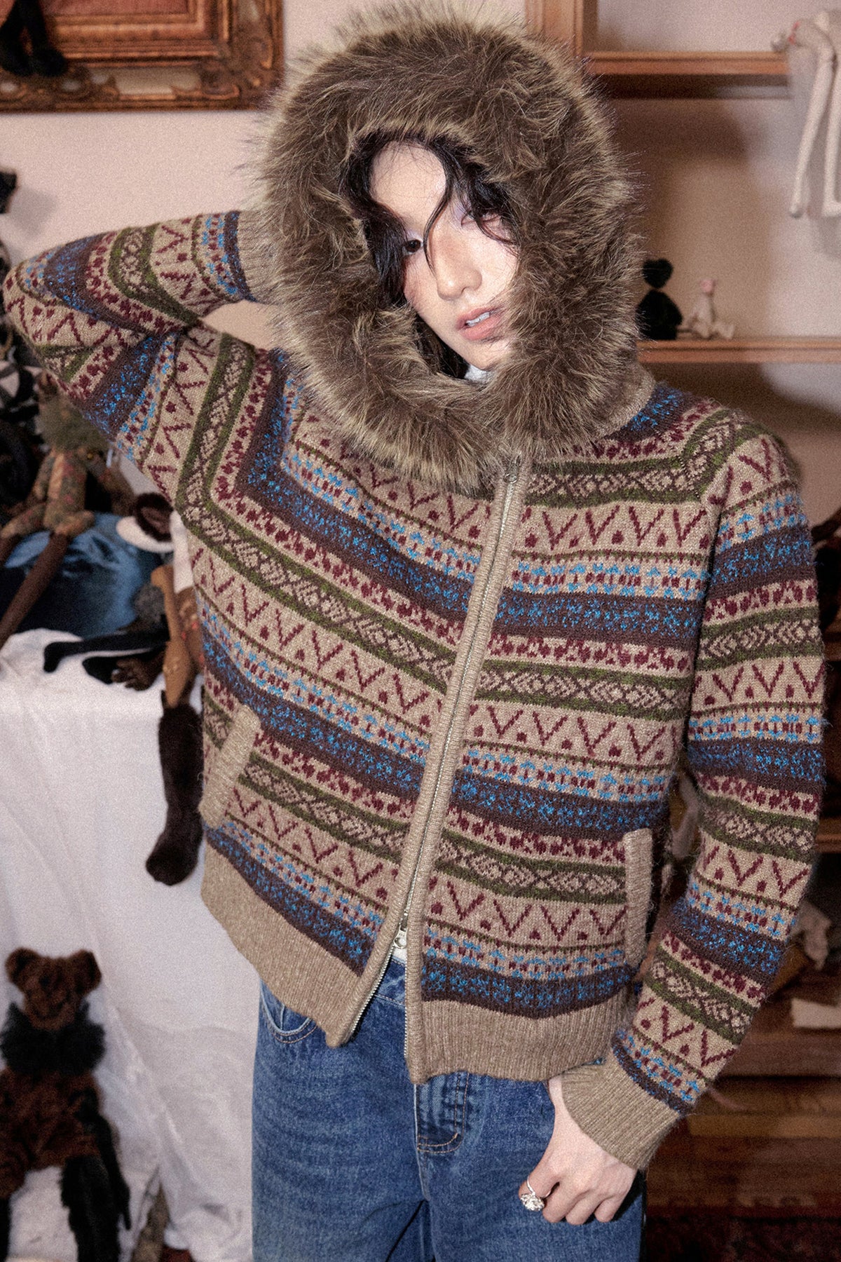 Hooded Fair Isle Wool Cardigan