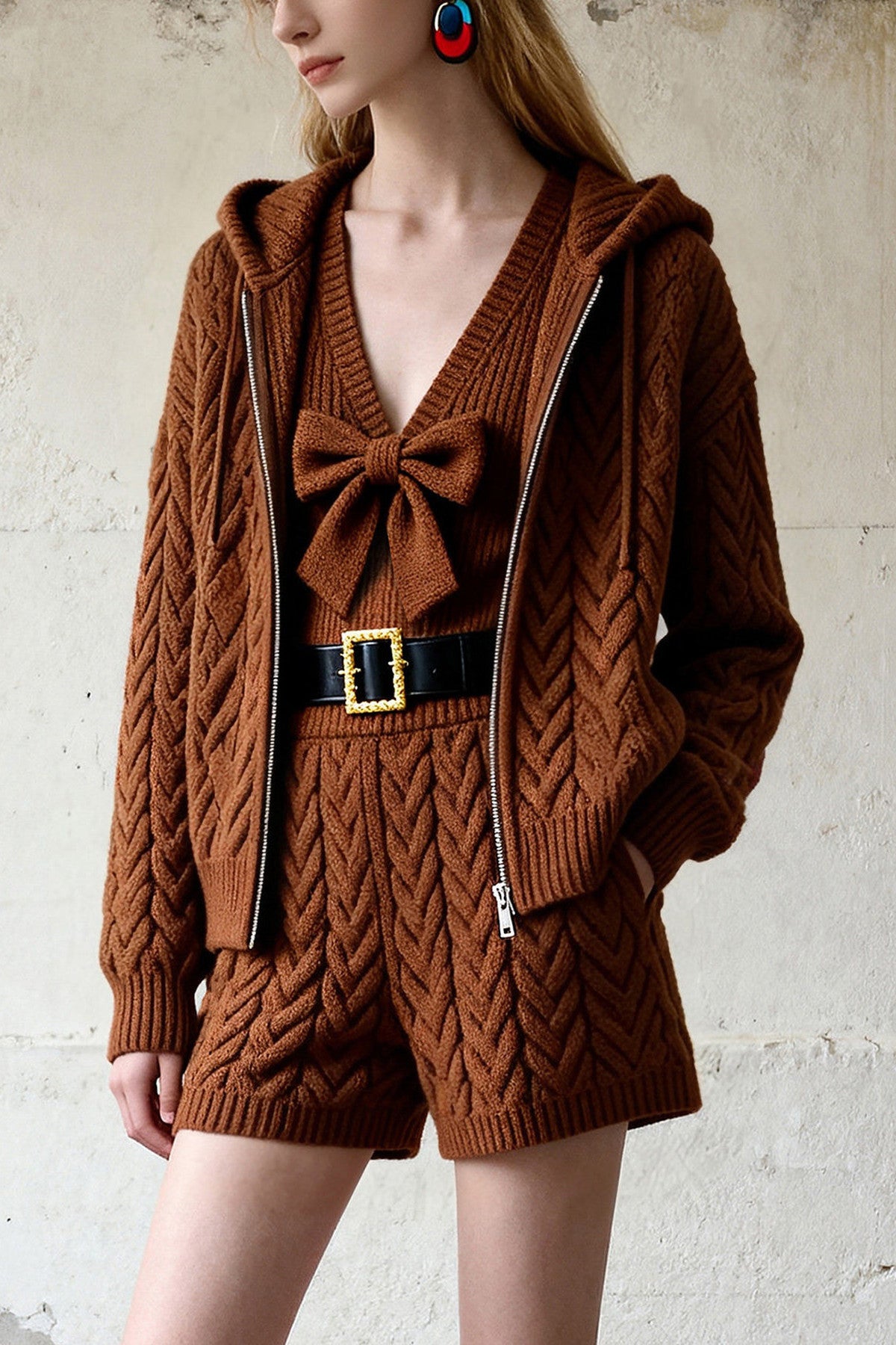 Hooded Cable Knit Cardigan and Shorts Set