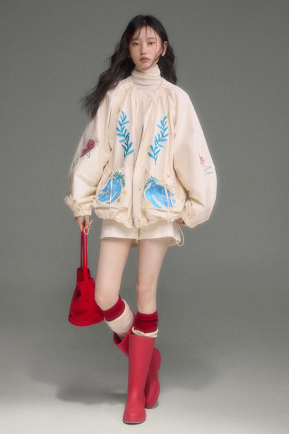 Loose Birds Olive Floral Embroidered Drawstring Jacket