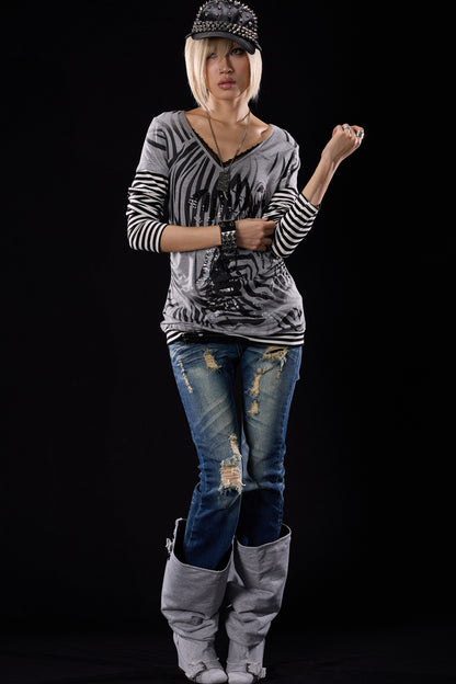 Distressed Cross-Studded Flared Jeans