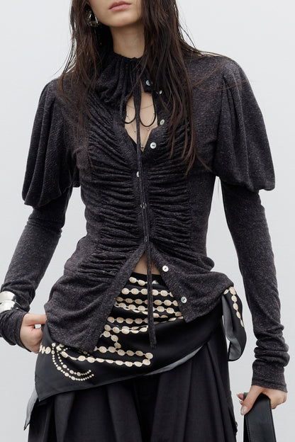 Pleated High-Neck Knit Base Layer Top