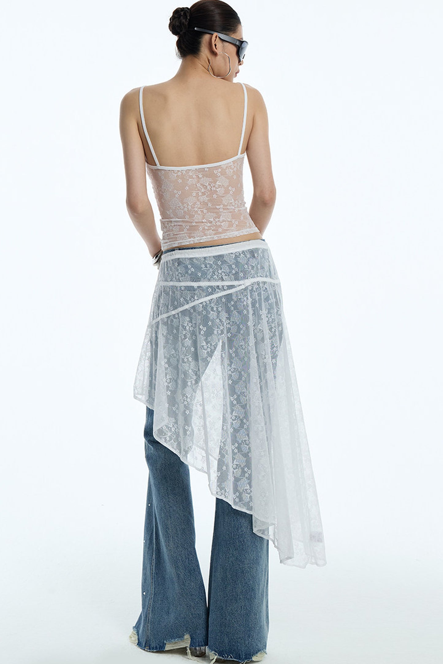 Sheer White Lace Side Ruffle Skirt