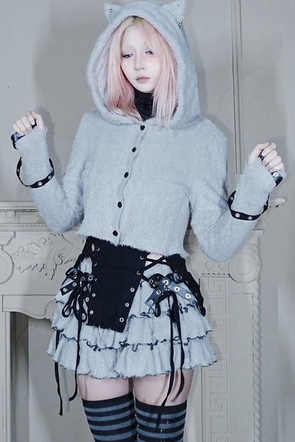 Plush Hooded Cat Ear Cardigan and Skirt Set-Up