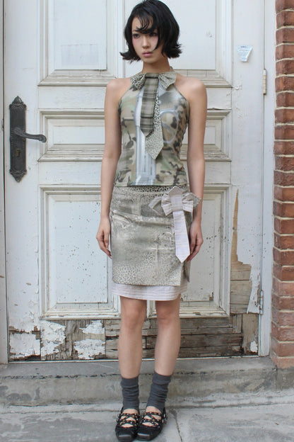 Cross Leopard Print Bow Double-Layer Midi Skirt