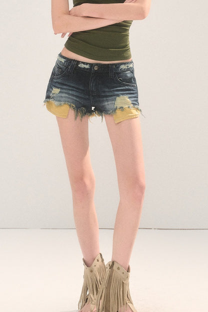 Frayed Ripped Lace Denim Shorts