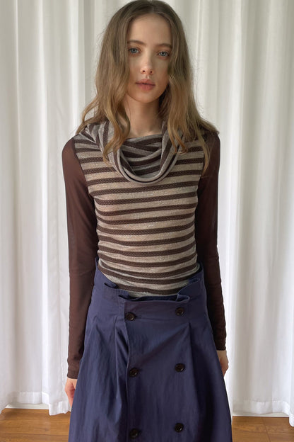 Spliced Striped Cowl Neck Long-Sleeve Blouse