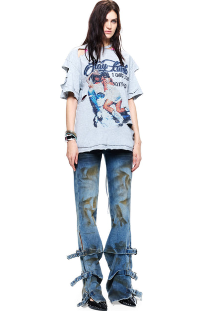 Hand-Torn Punk Back Hollow-Out Straps T-Shirt