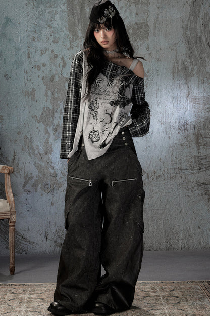 Plaid Wing Off-Shoulder Long-Sleeve T-Shirt