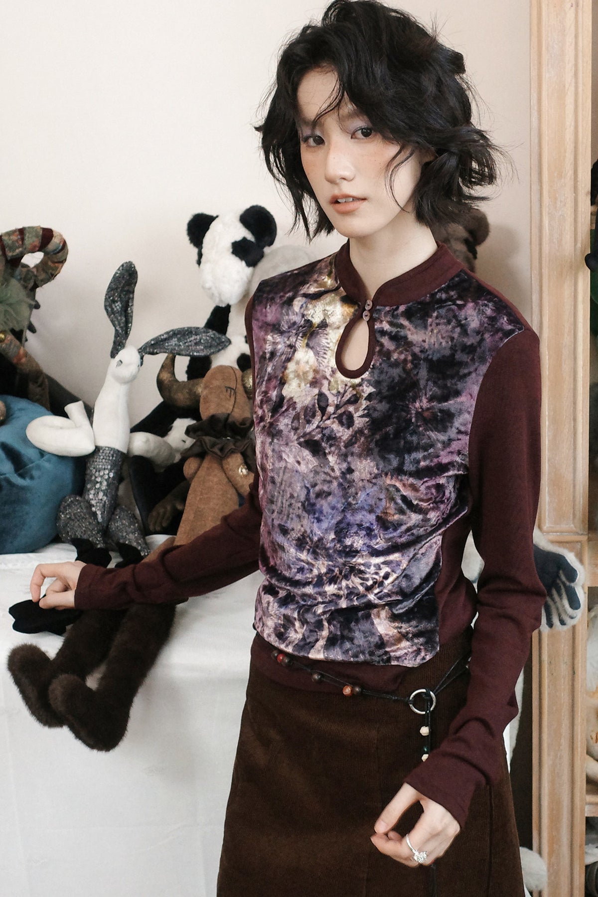 Mandarin Collar Velvet Long-Sleeve T-Shirt