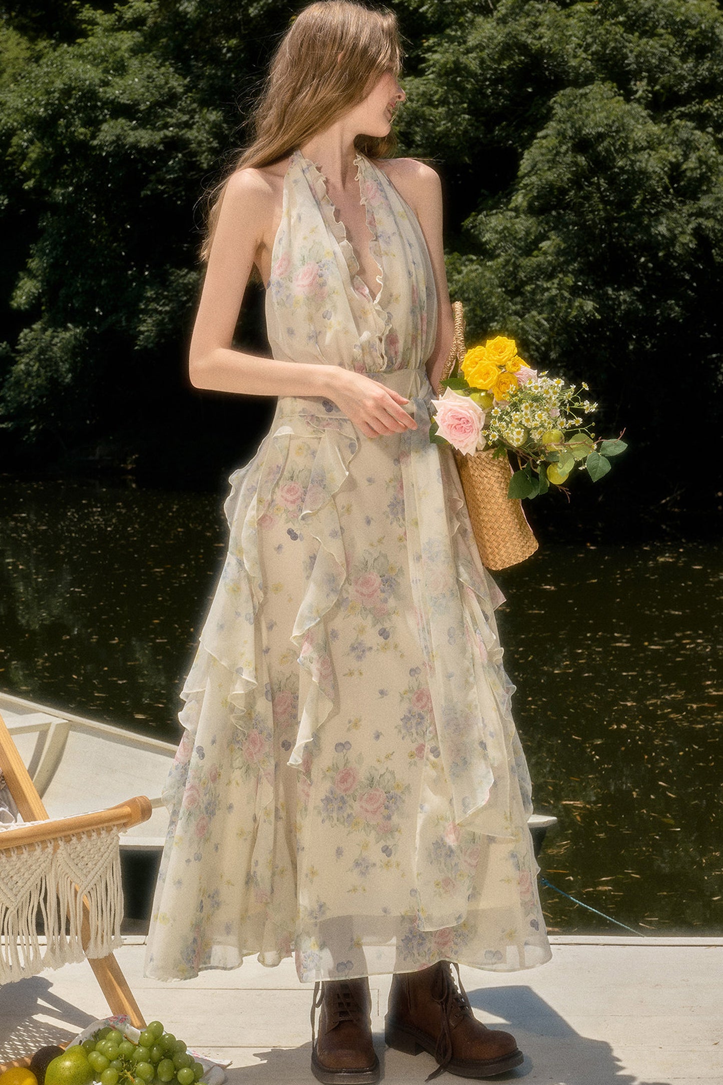 Floral Ruffle Sleeveless V-Neck Dress