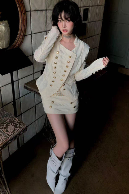 Double-Breasted Asymmetrical Lace Jacket and Skirt Set-Up