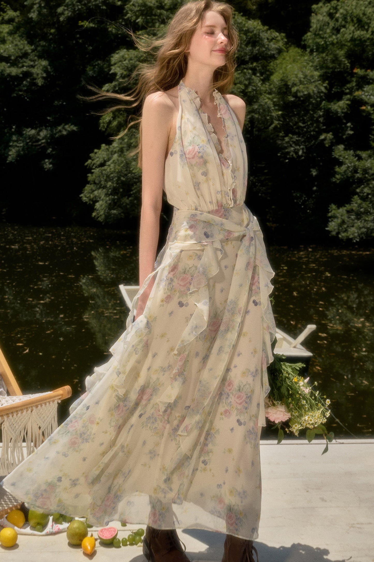 Floral Ruffle Sleeveless V-Neck Dress