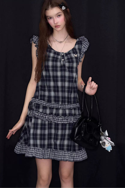 Dark Blue Plaid Flutter-Sleeve Dress