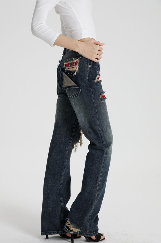 Distressed Plaid Patch Flared Jeans
