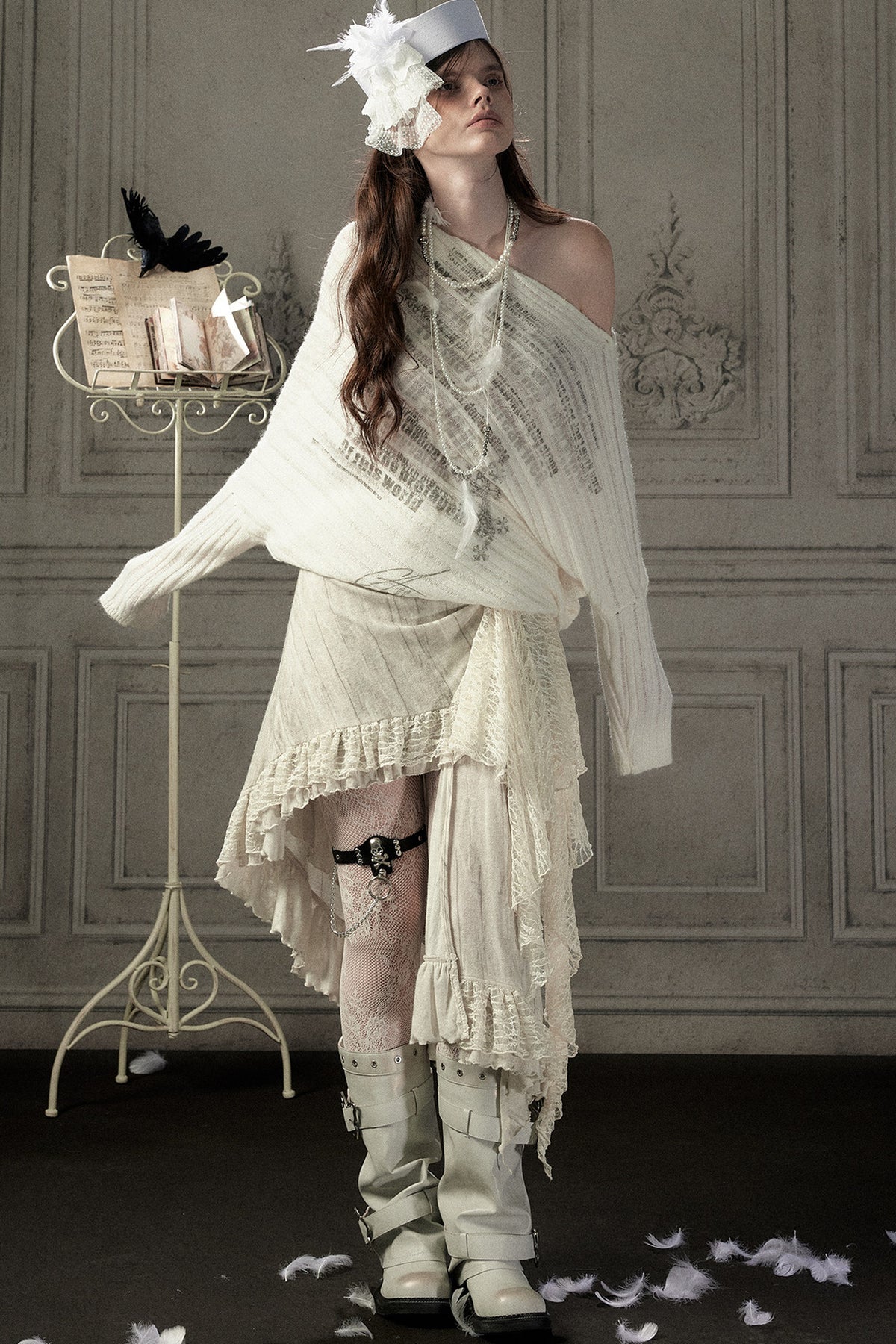 Beige Asymmetrical Lace Spliced Skirt