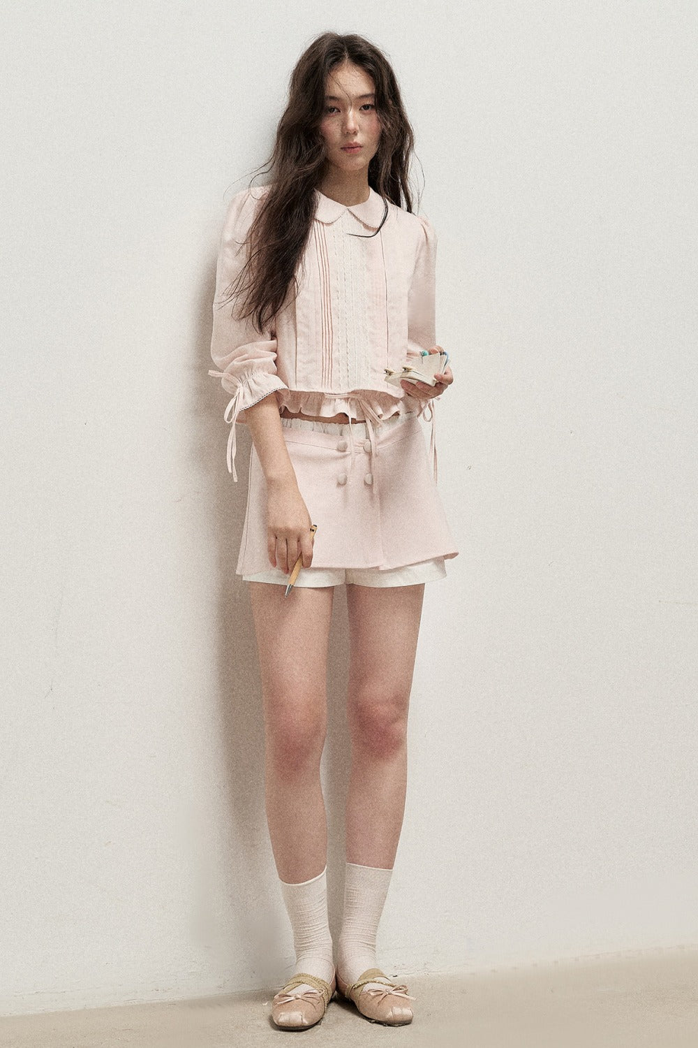Mist Pink Lyocell Linen Mid-Sleeve Tuck Pleat Shirt Skirt Set-Up