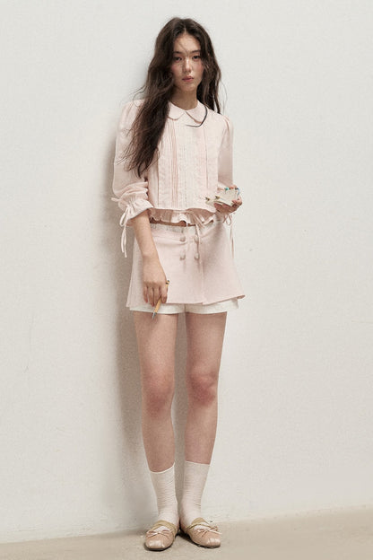 Mist Pink Lyocell Linen Mid-Sleeve Tuck Pleat Shirt Skirt Set-Up