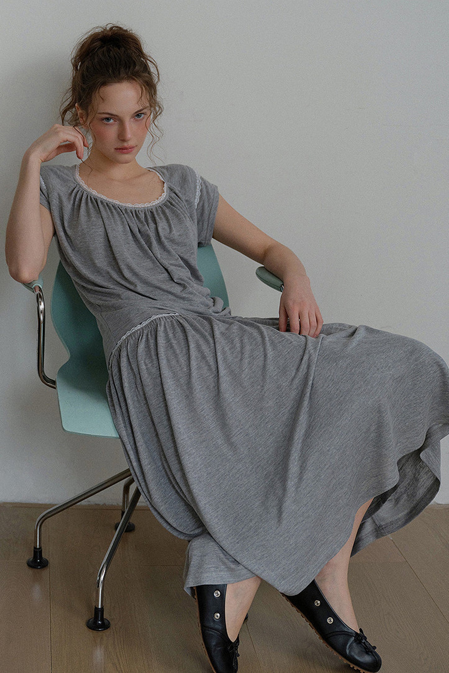 Gray Drawstring Lace Trim Midi Skirt