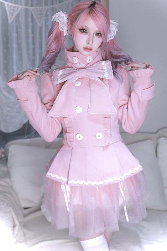 Set aus Wollmantel mit abnehmbarer Schleife und Kleid