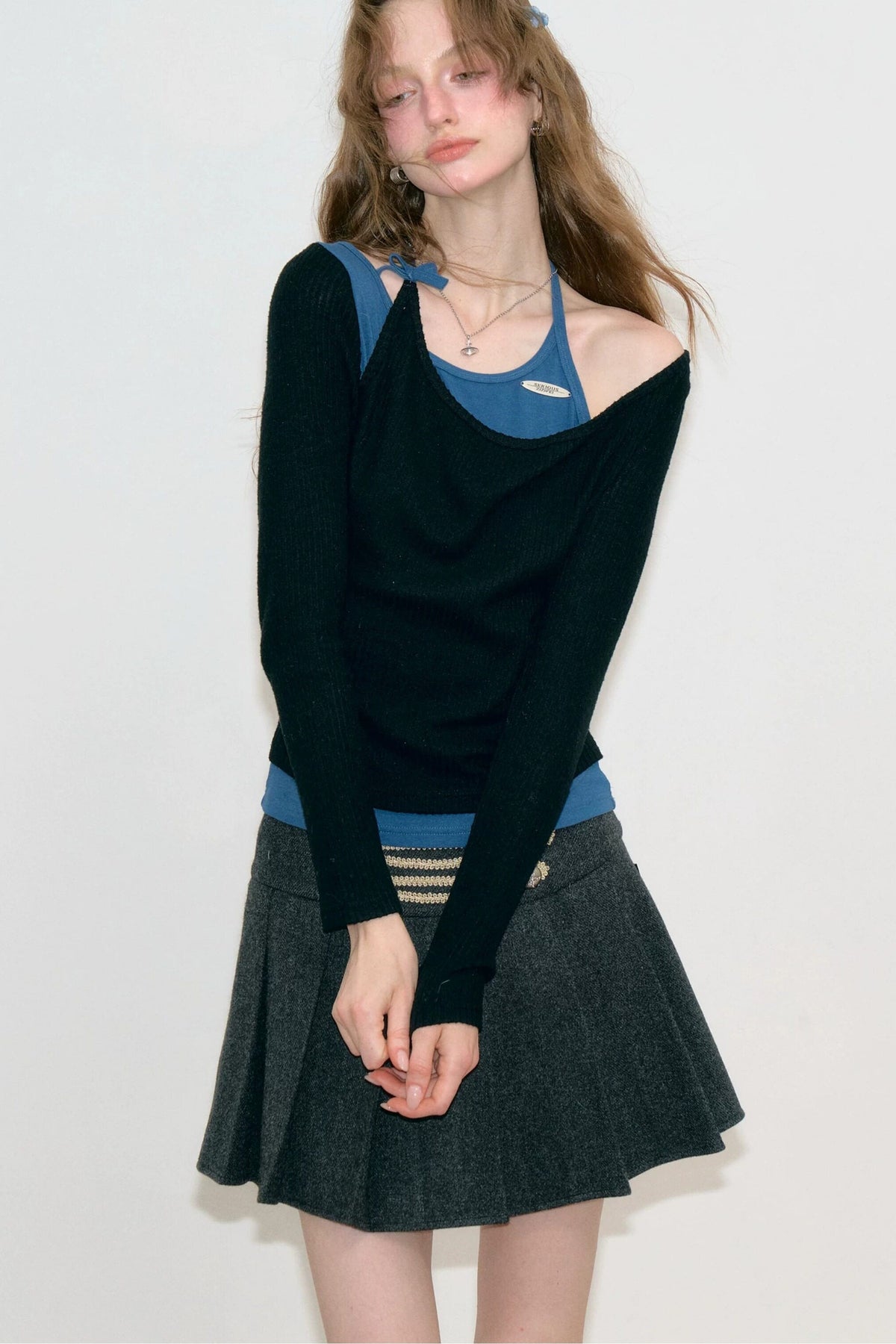 Blue Black Spliced Halter Knit Top