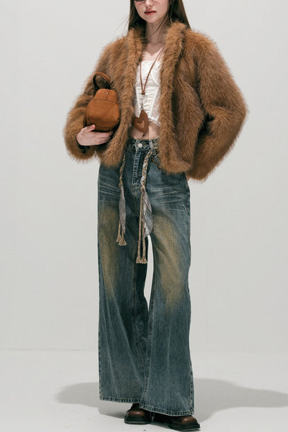 Loose Wide Leg Woven Belt Jeans