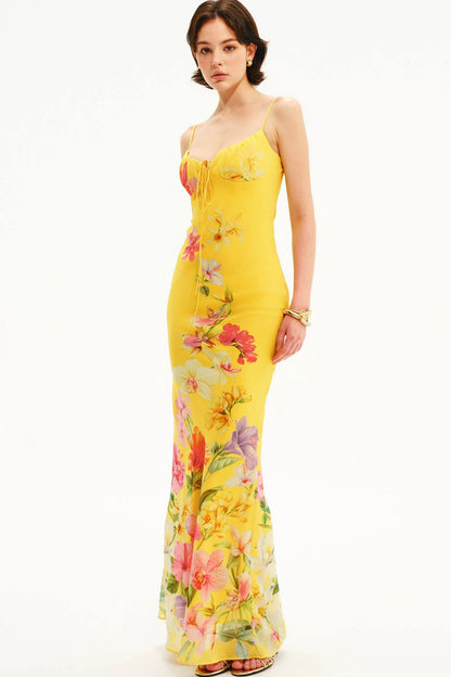 Tropisches handbemaltes Slipkleid mit Blumenmuster und V-Ausschnitt