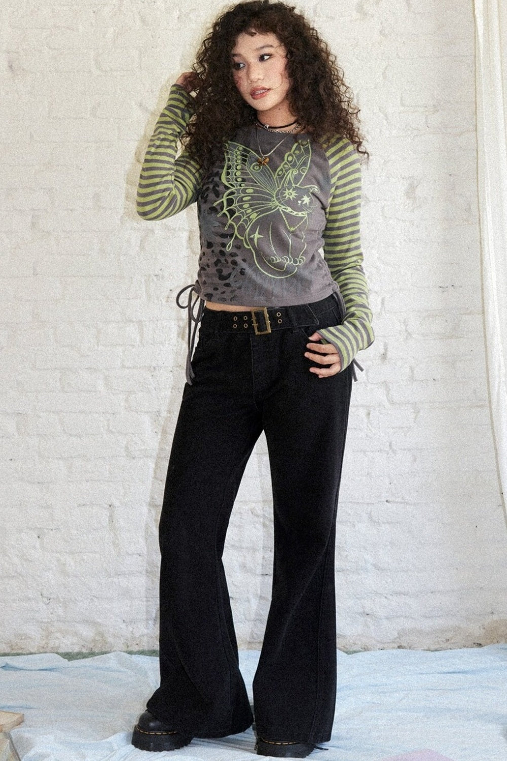 Striped Spliced Raglan Cat Print Top