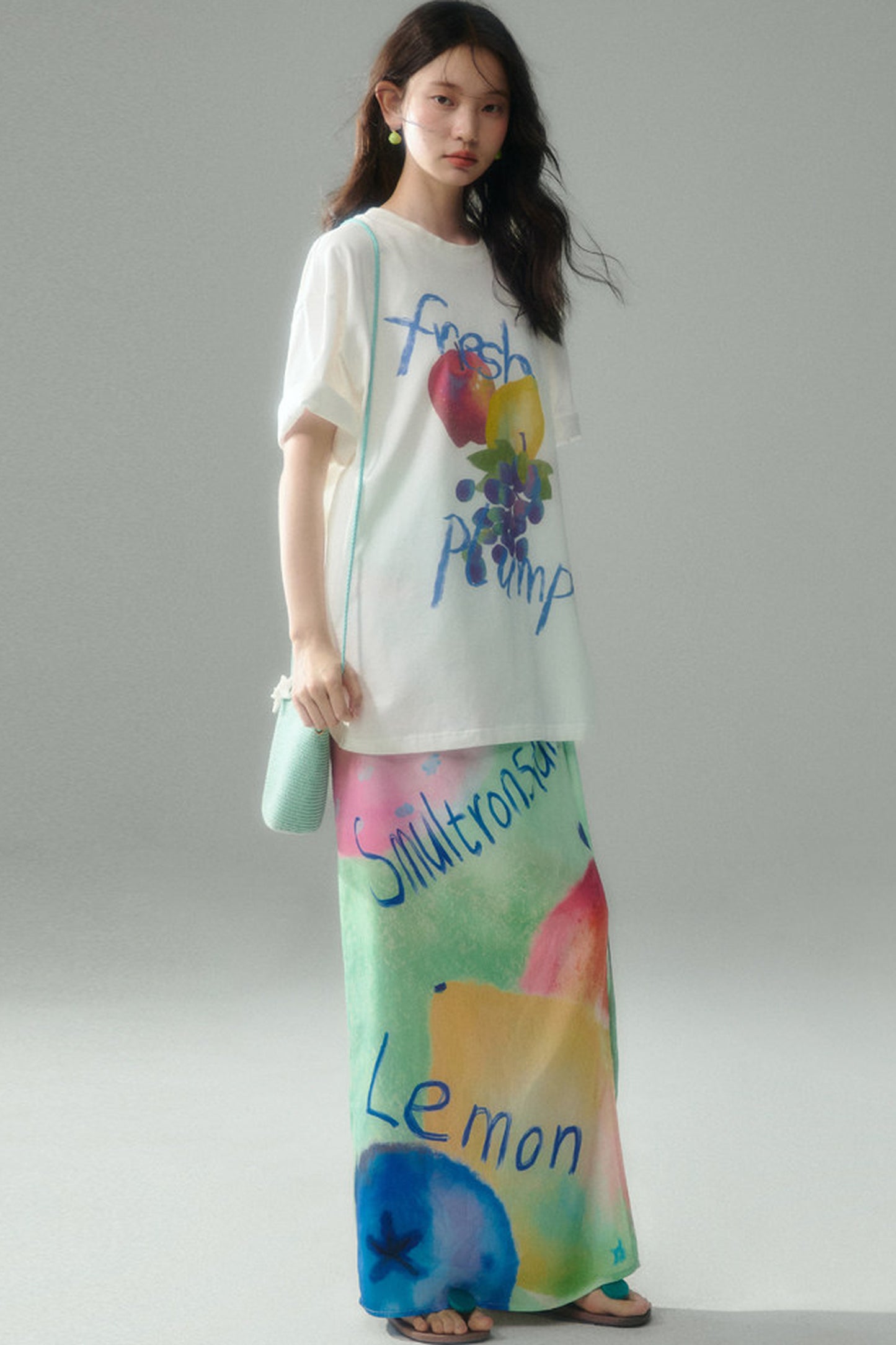 Hand-Painted Fruit Print T-Shirt and Wrap Skirt Set-Up