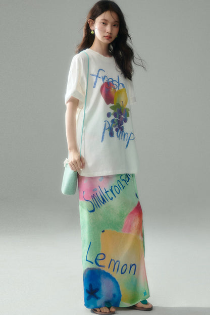Hand-Painted Fruit Print T-Shirt and Wrap Skirt Set-Up