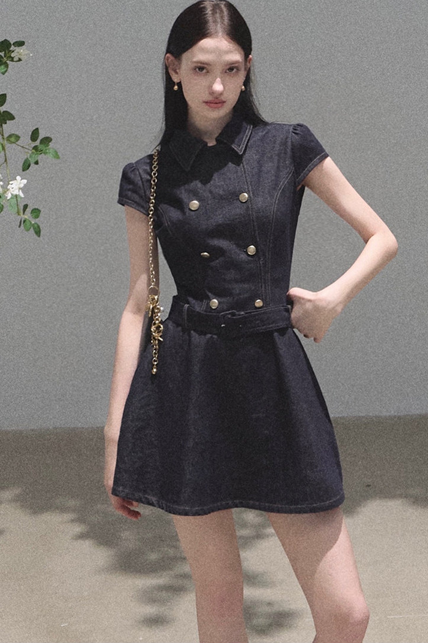 Retro Denim Waist-Cinching Dress Set-Up