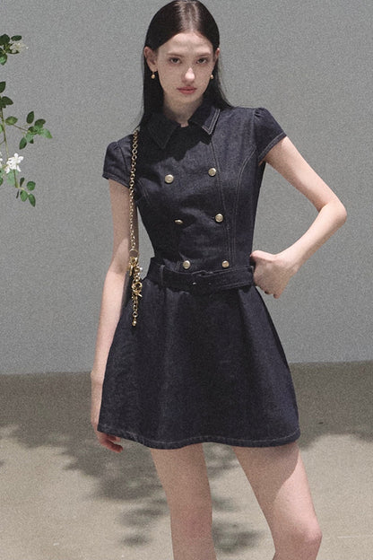 Retro Denim Waist-Cinching Dress Set-Up