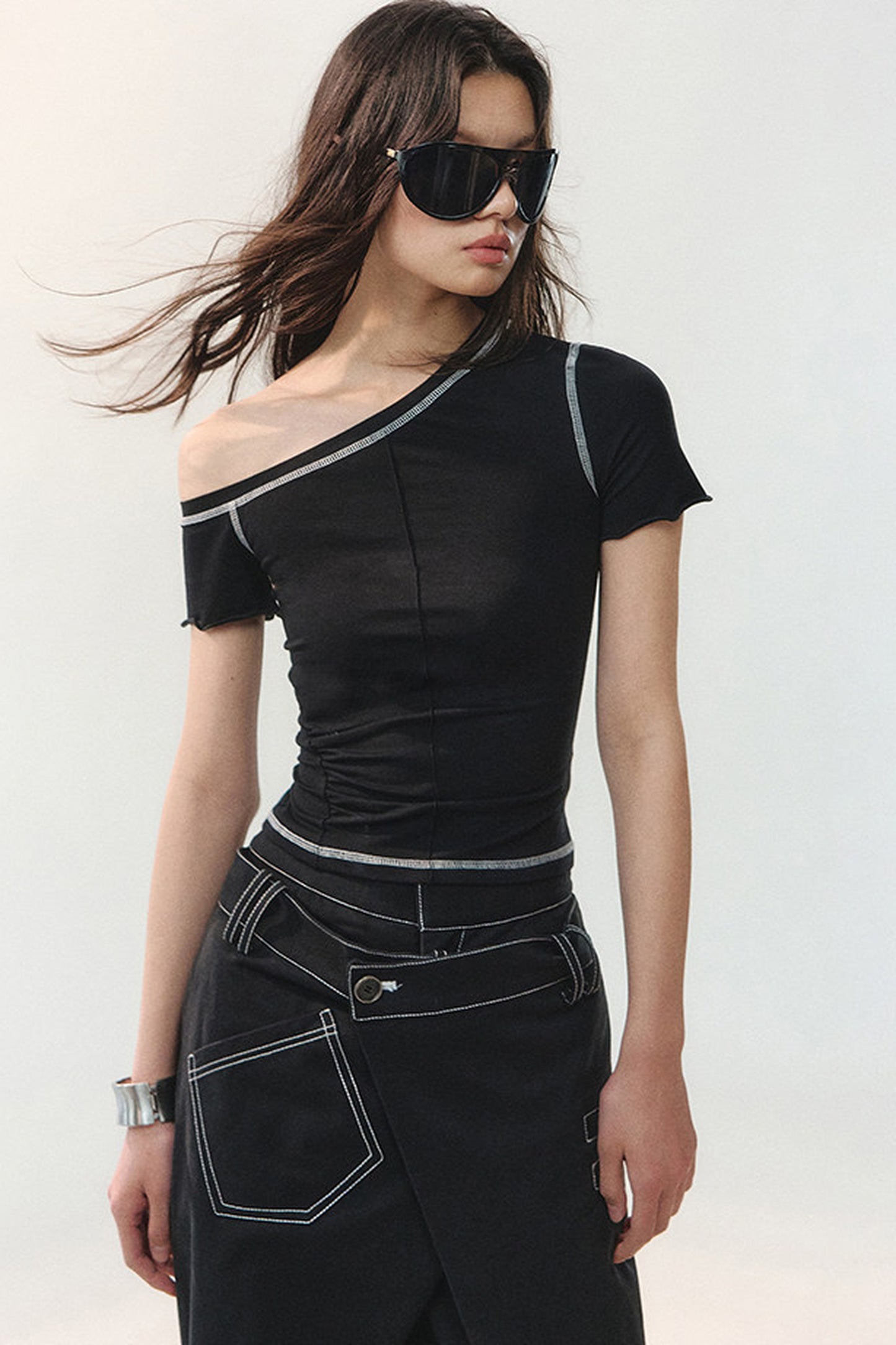 Asymmetrical Shoulder Short-Sleeve Top