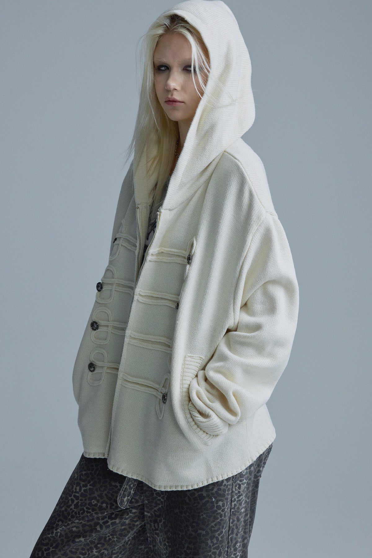 Chain Embroidery Hooded Knit Cardigan