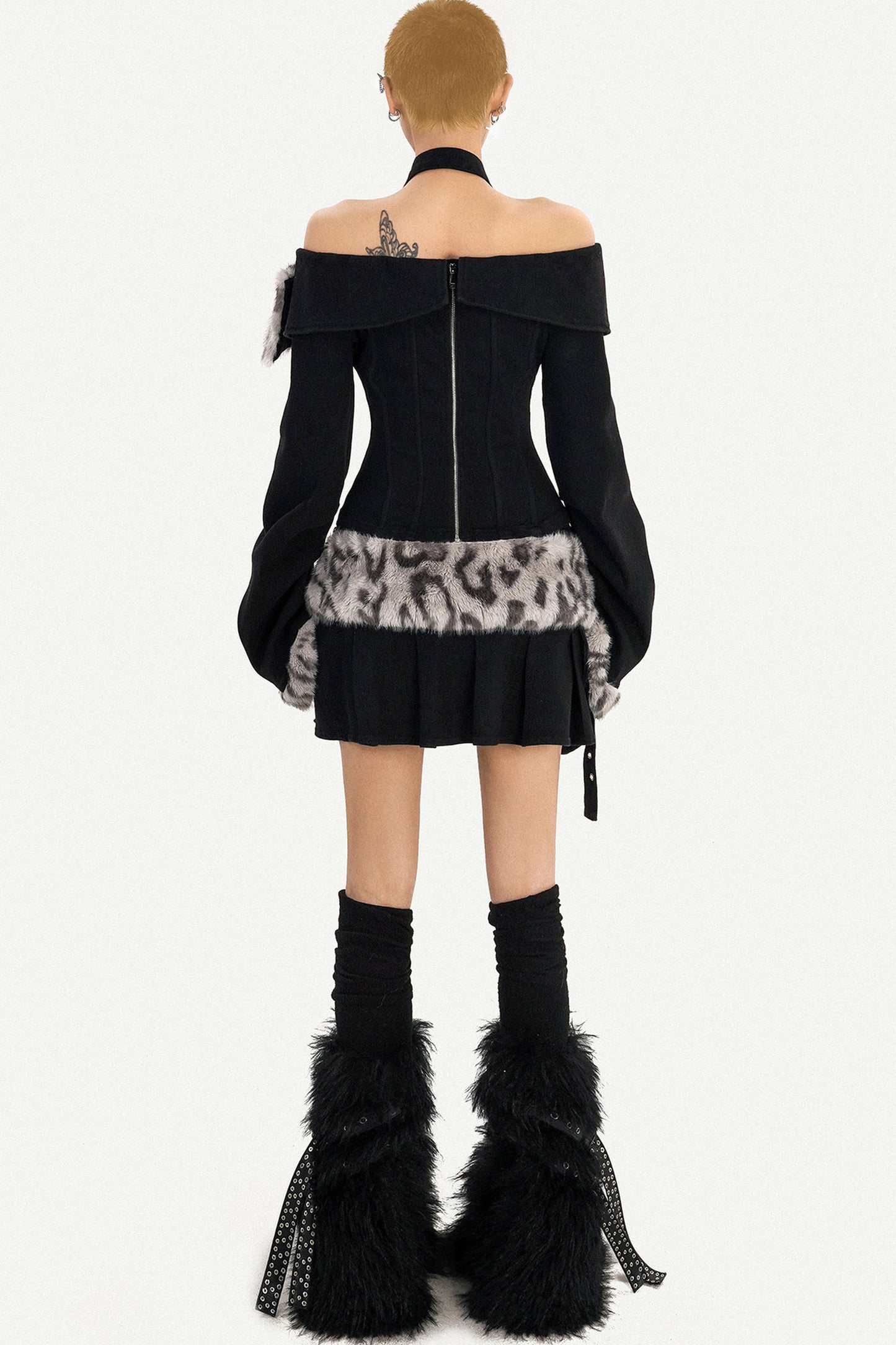 Leopard Print Fur Halter Off-Shoulder Top and Skirt Set-Up