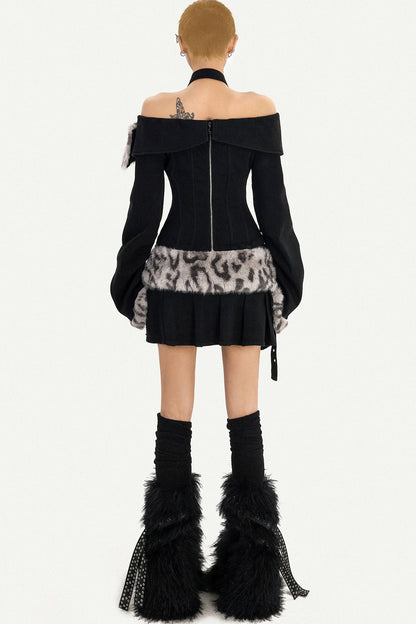 Leopard Print Fur Halter Off-Shoulder Top and Skirt Set-Up