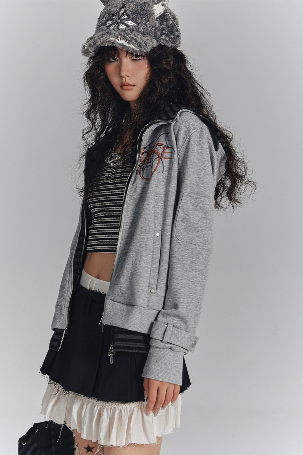 Striped Embroidered Knit Hooded Jacket
