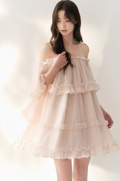 One-Shoulder Smoky Pink Tulle Lace Dress