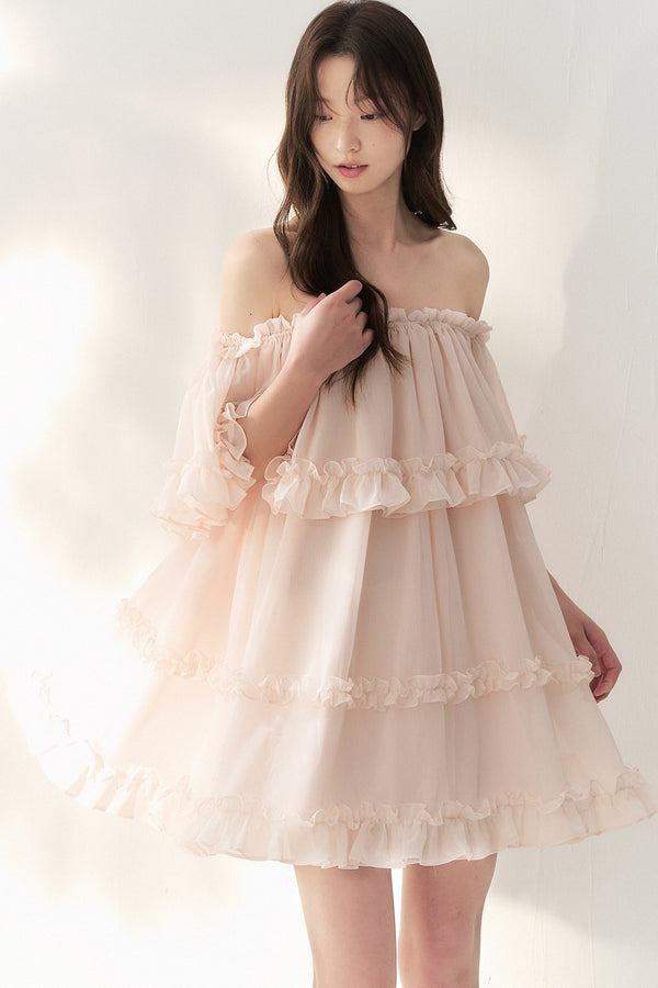 One-Shoulder Smoky Pink Tulle Lace Dress