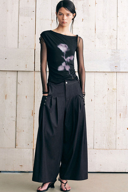 Asymmetric Off-Shoulder Rose Print Mesh Top